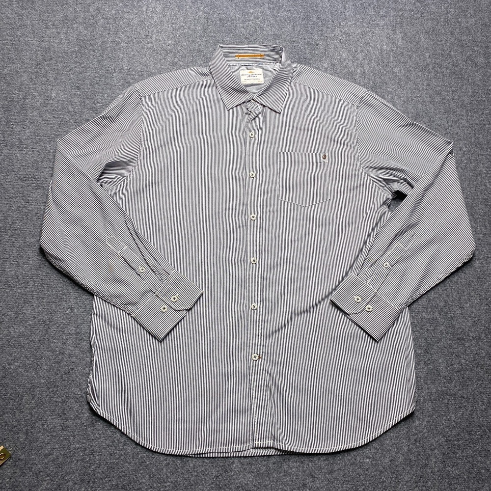 Tommy Bahama Shirt Men Large Gray Stripe Button Up Island Crafted Casual